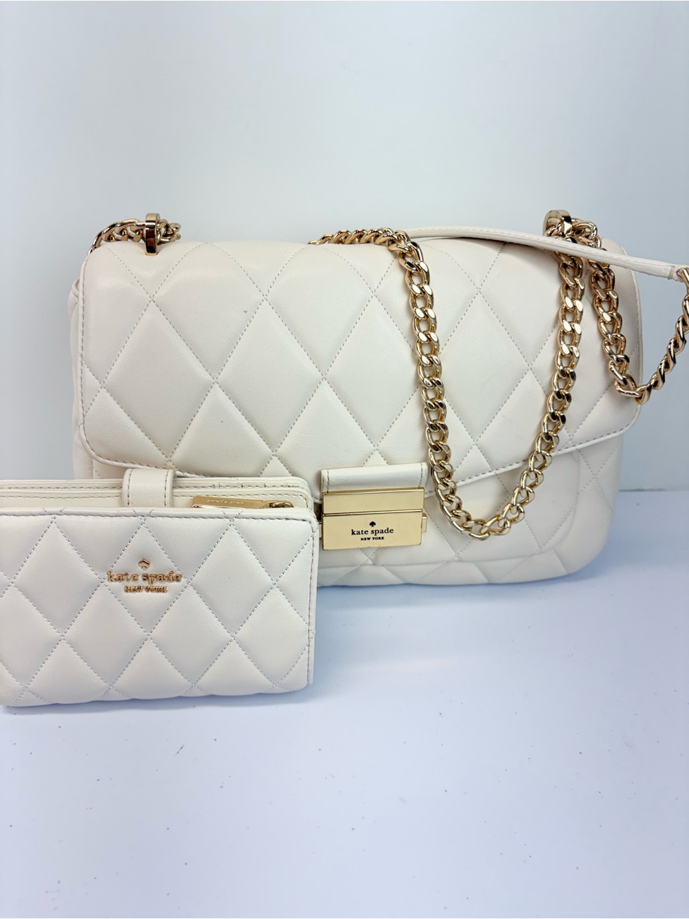 Kate Spade Quilted Shoulder Bag & Bifold Wallet Set Ivory Gold Chain Convertible